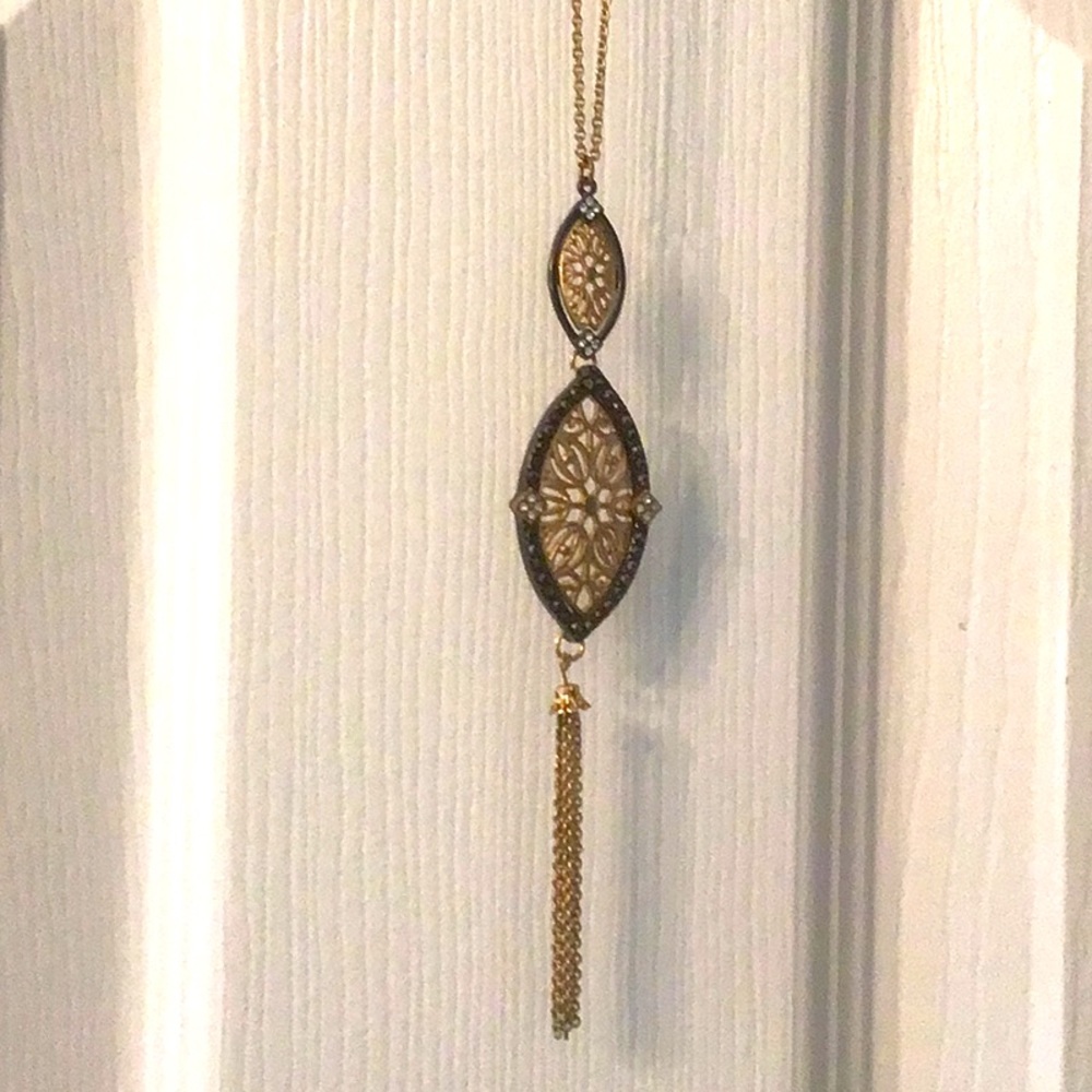 Gold tone black rhodium tassel necklace-worn 2 x